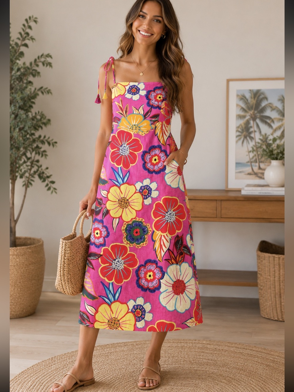 Rachel Zoe Pink Sundress  floral linen cotton blend Resort Wear XS rainbow